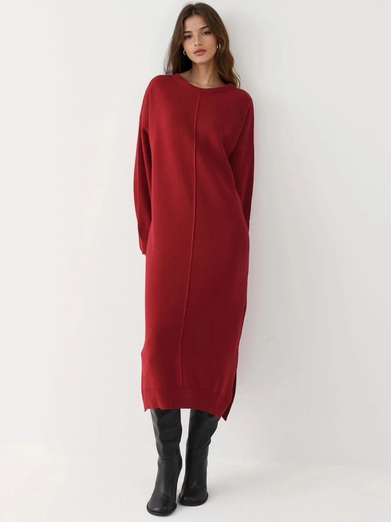 My Fashion Burgundy Red MY FASHION Textured Ribbed Long Knit Dress with Slit Detail for Women | Best Price UAE